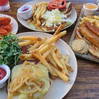 Steakhouse and Lucky star burgers with buffalo wings and Wunderbrat  at Veggie Grill by Next Level - Santana Row in San Jose