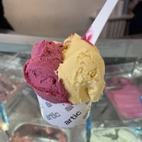 Big scoops for the smallest size: Raspberry & dragon fruit and passion fruit  at Artic Gelat Artesà in Vilanova I La Geltru