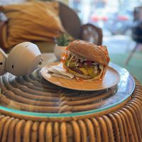 Plate was made of bamboo (tasty burger)  at Sugar Planty in Mexico City