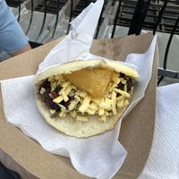 Bean and cheese arepa with plantains from amazoniabbq  at Vegan Night Market in New York City