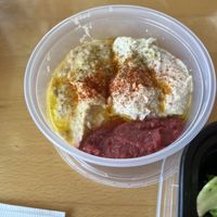 Hummus with beet purée  at Sprig Contemporary Greek Kitchen in Vancouver