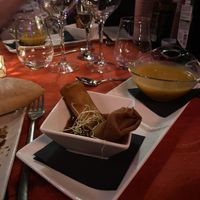 Pumpkin soup and spring rolls   at Queenz Cabaret in Sitges