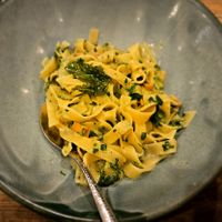 Mushroom spinach pasta in creamy covonut milk sauce (made vegan) at Hermit's Restaurant in Dhigurah