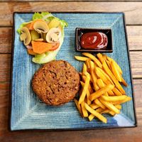 Falafel burger (no bun on my request). at Hermit's Restaurant in Dhigurah