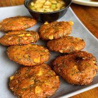 Fried carrot and corn with Thai curry cakes (60 THB)  at Kinphak Cafe  in Chiang Mai