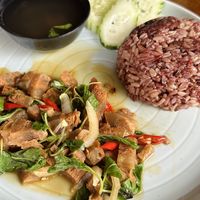 Stir fried vegan crispy pork with Thai basil & rice (70 THB)  at Kinphak Cafe  in Chiang Mai