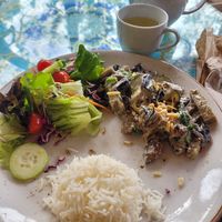 Seitan and mushroom stroganoff menu (plus soup not in the picture) at PSI in Lisbon