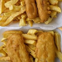 Vegan fish and sausage and chips at The Front Fish and Chips in Newbiggin-by-the-sea
