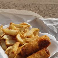 (Vegan) Sausage and chips  at The Front Fish and Chips in Newbiggin-by-the-sea