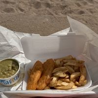 Vegan fish chips and mushy peas  at The Front Fish and Chips in Newbiggin-by-the-sea