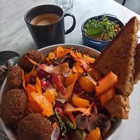 Spring Salad, Vegan & GF, Oat latte at Arán Artisan Bakery & Bistro in Kilkenny
