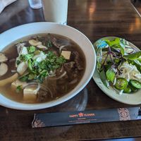Pho with Beyond Beef, comes with mushrooms and tofu as well. at Happy Flower Eatery and Boba in Sunnyvale