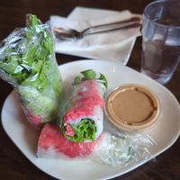 Spring Roll appetizer with peanut sauce. at Happy Flower Eatery and Boba in Sunnyvale