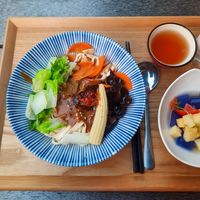 Spicy sesame noodle set (served with herbal drink, fruit with agar jelly, and fruit compote with oat bar (not pictured)) at Starry X Sky Art Vegan Village - 星空X藝素村 in New Taipei City