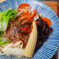 Spicy sesame noodles (noodles, carrot, baby corn, choi sum, wood ear mushroom, soya protein) at Starry X Sky Art Vegan Village - 星空X藝素村 in New Taipei City