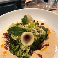 Wild rice from Camargue, roasted broccoli, sesame, radish, leek, goji berry, mint and soy cream. Perfect match!  at Le Grenier de Notre Dame in Paris