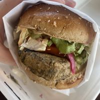 Some sorts chick'n burger (seasonal)  at Veggie Grill by Next Level - The Dome in Hollywood