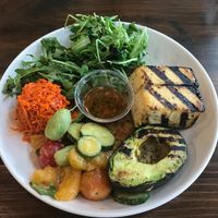 Citrus avocado bowl with grilled tofu added. at Fern and Cedar Brewing in Qualicum Beach