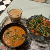 Tomato soup (of the day) & tagine lunch combo, Mushroom latte  at Le Botaniste - Bryant Park in New York City