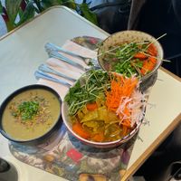 Tagine, broccoli soup, and mashed potatoes with mushroom saucee   at Le Botaniste - Bryant Park in New York City