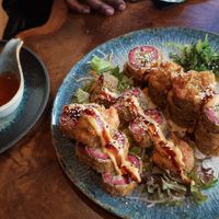 Tempura sushi (half chicken, half duck-flavored seitan) and spring rolls at Vegana Vietnamese Restaurant in Mannheim