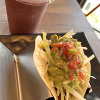 Plant-based taco with eggplant; berry smoothie  at Chenza's Twisted Tacos in Mattituck