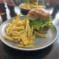 Vegan burger and fries   at Fer's Grill House in Puerto Baquerizo Moreno