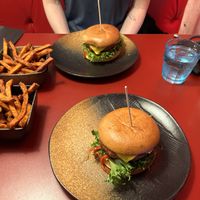 Two vegan burgers with sweet potato friess  at BURGASM - Born Hungry in Bodo