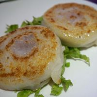 Taro cakes. at Vegebowl in Paris