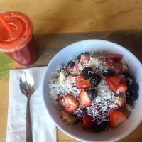Acai Bowl and Iron Horse Juice. Acai Bowl ordered with no granola, no bee pollen. at Swami's Cafe in Oceanside