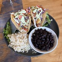 Vegan Fysh Tacos brown rice and black beans  at Swami's Cafe in Oceanside