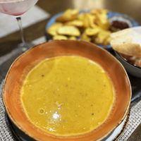 Lentil soup, ask to omit butter. Healthy but not hearty, has to be much thicker at Jean's Bistro in Yerevan