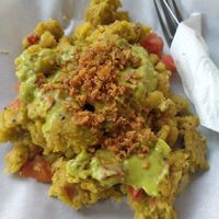 Vegan omelette made with chickpea flour, tomato, guacamole and fried onions at Bon Bonheur in Rhodes