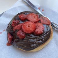 Plain doughnut was vegan, able to add vegan choc sauce and strawberries   at Bon Bonheur in Rhodes