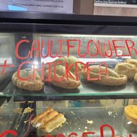 Cauliflower and Chickpea Pasty in Hot Counter at Becws Islyn Bakery Ltd in Gwynedd