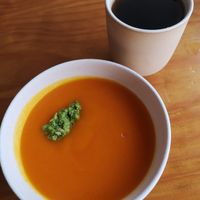 carrot soup w/ nut pesto (daily soup) and mint tea at Sol Cozinha Vegetariana in Portimao