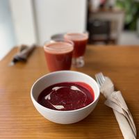 Beet soup (so good!)  at Sol Cozinha Vegetariana in Portimao