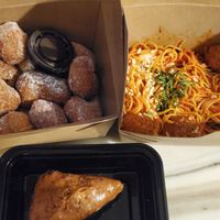 Vegan Spaghetti & Meatballs, Vegan Zeppoli and Vegan Chocolate Cake at Slice of Vegas Pizza in Las Vegas