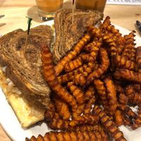 Rueben made with tempeh and vegan cheese, sweet potato fries  at Bullfrog Brewery in Williamsport