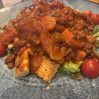 Tempeh with chili salad  at Bullfrog Brewery in Williamsport