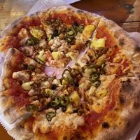 Pineapple, tempeh bacon and jalapeños   at Vegan Pizza Land in Easthampton