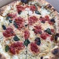 "upside down" margherita  at Vegan Pizza Land in Easthampton