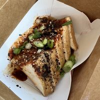 cold fried tofu appetizer with house korean dressing   at Vegan Pizza Land in Easthampton
