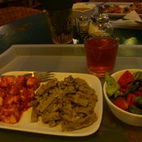 Tomato-y tofu, Stroganoff, Salad, Strawberry Drink at Samadeva in St Petersburg