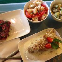 Carrot cake with vanilla cream, cauliflower salad, Russian salad, Beet with tofu at Samadeva in St Petersburg