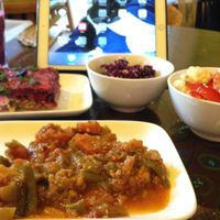 Beet salad, black currant lassi, beet with tofu, mixed vegetables at Samadeva in St Petersburg