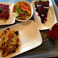 Cabbage with mushroom, chocolate cake, beet with tofu, black currant lassi at Samadeva in St Petersburg