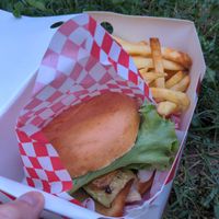 Fish burger with fries at Plant Bun in Turin