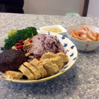 chewy mushroom rice & side of kimchi at Veggie Mama in Kowloon