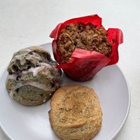 Three vegan pasteries (all three were also gluten free). Blueberry scone, lemon cookie, chocolate chip muffin at Brass Bird Coffee & Kitchen in Carpinteria
